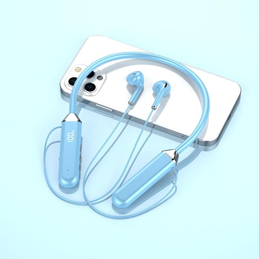Wireless Neckband Bluetooth Headphones Waterproof Noise Cancelling Earbuds with LED Display - Blue Color