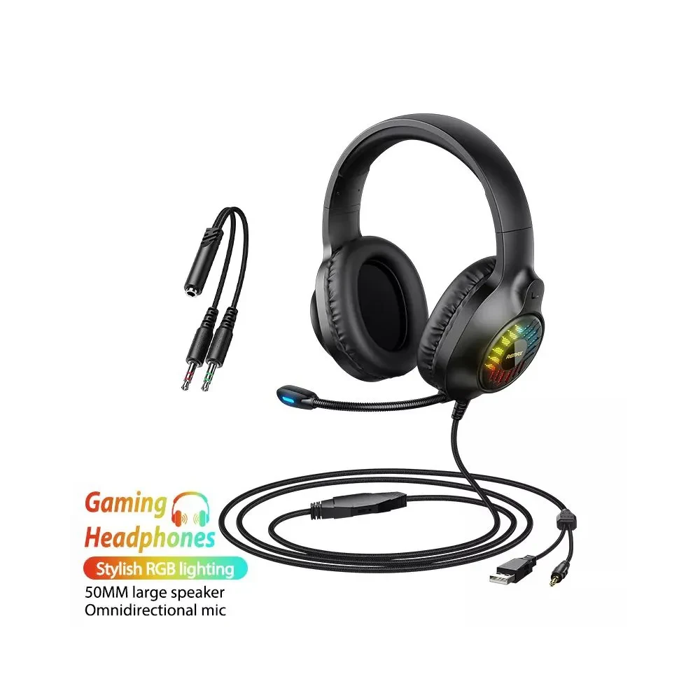 Remax RM-850 WarGod Series Gaming Headphone HD Sound 50MM Speaker RGB Lighting USB/TYPE C Low latency Wired Headphone Mic 50Mm Driver Gaming Heads